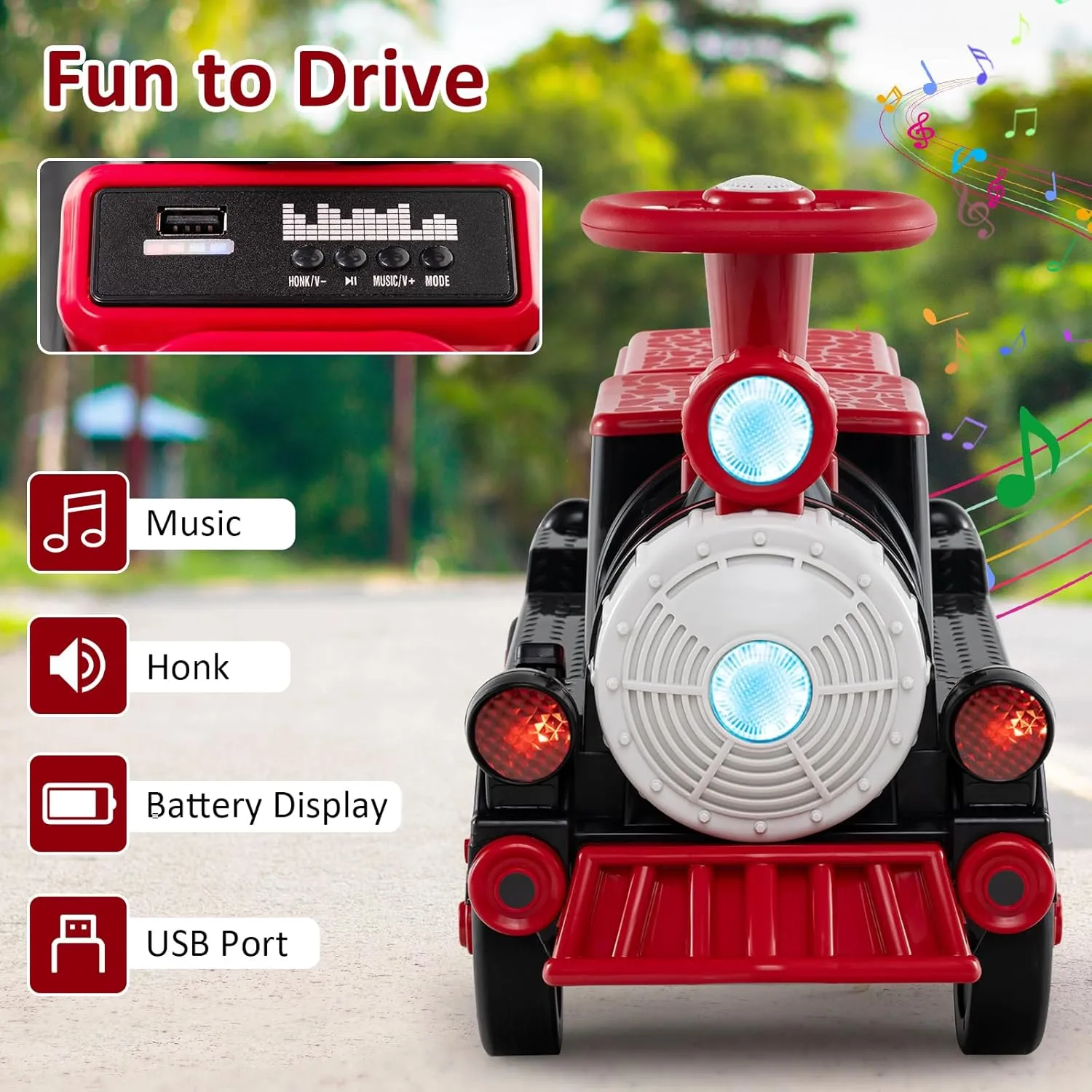 Costzon Ride on Train Trackless, 12V 2-Seater Ride on Toy with Train Whistle, LED Lights, Music & Removable Chair, Electric Train w/One-Button & Soft Start, Gift for Boys & Girls (2 Seaters,Red)