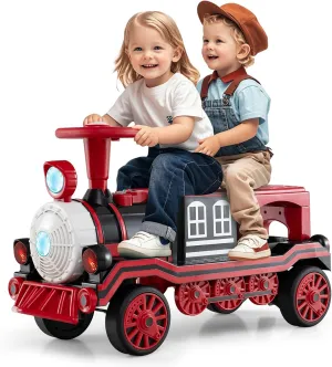 Costzon Ride on Train Trackless, 12V 2-Seater Ride on Toy with Train Whistle, LED Lights, Music & Removable Chair, Electric Train w/One-Button & Soft Start, Gift for Boys & Girls (2 Seaters,Red)