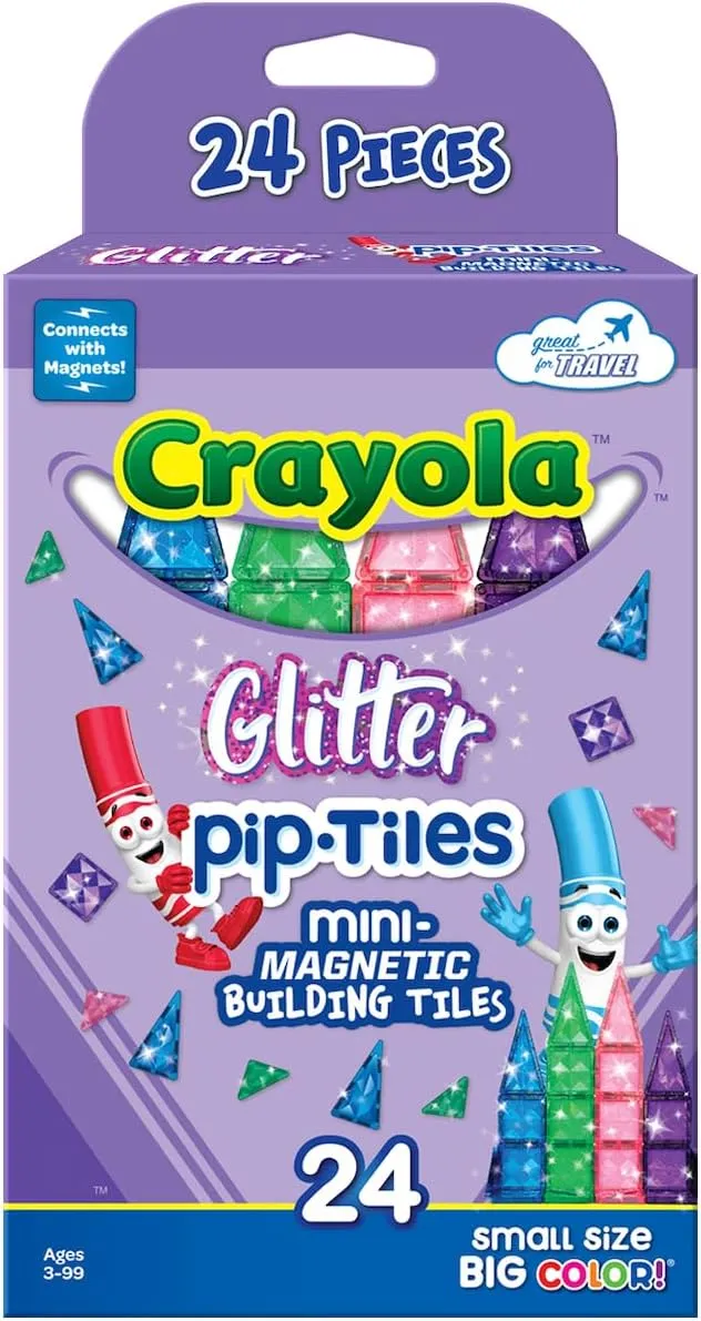 CreateOn Crayola Mini Magnetic PIP-Tiles, Building Set for Kids, Magnetic Building Toys for Kids, STEM Travel Toys for Boys and Girls Ages 3 , 24-Piece Set (Glitter)