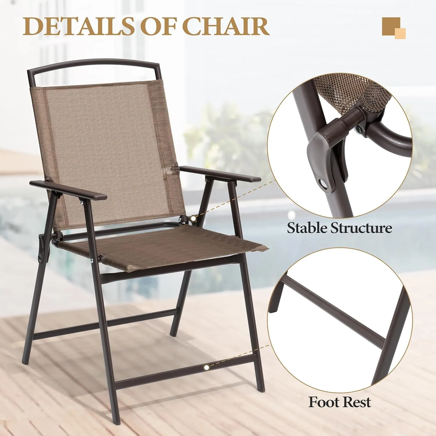 Crestlive Products Set of 4 Patio Folding Chairs 4-Pack Dining Chairs Outdoor Portable Sling with Armrest for Camping, Beach, Garden, Pool, Backyard, Deck (Brown)