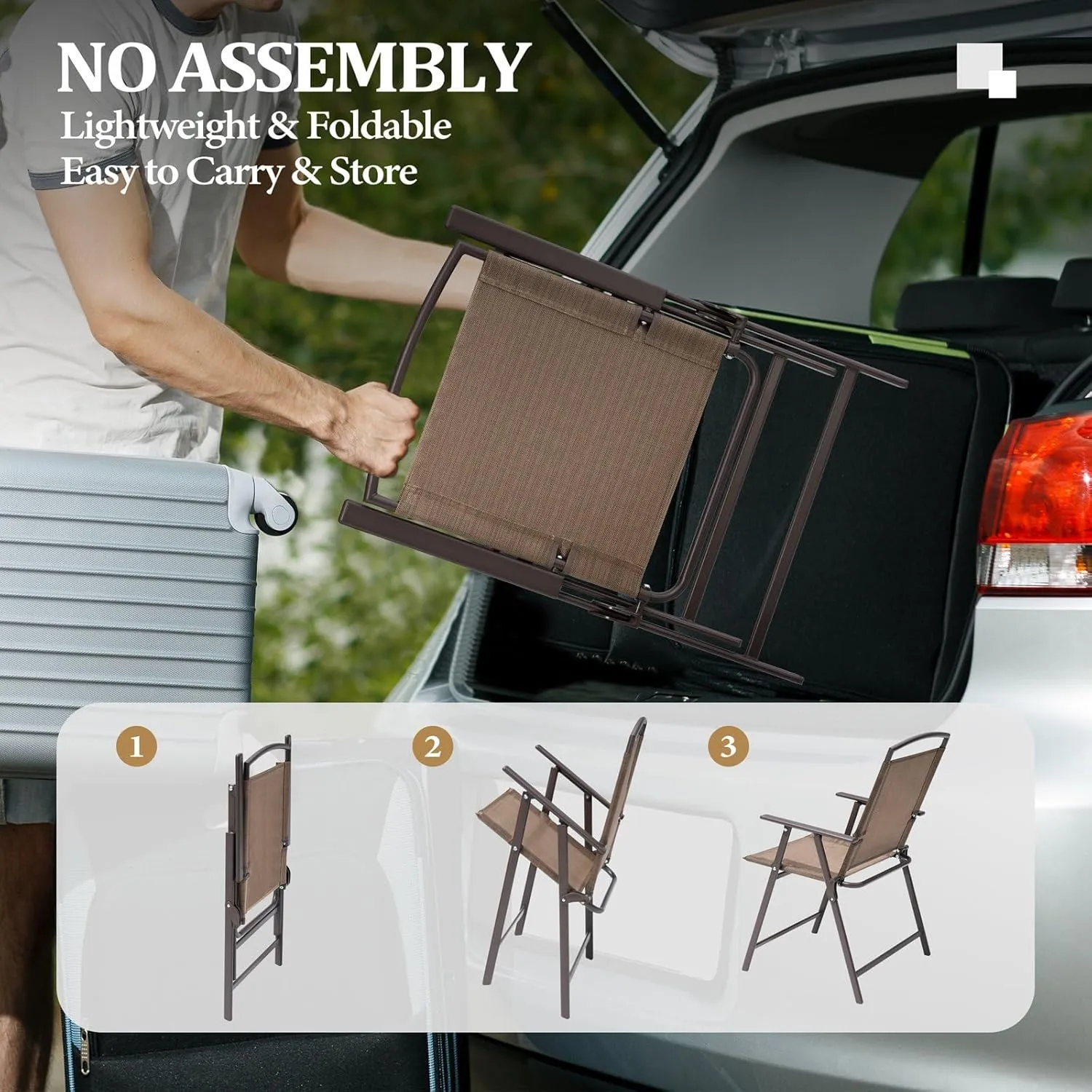 Crestlive Products Set of 4 Patio Folding Chairs 4-Pack Dining Chairs Outdoor Portable Sling with Armrest for Camping, Beach, Garden, Pool, Backyard, Deck (Brown)