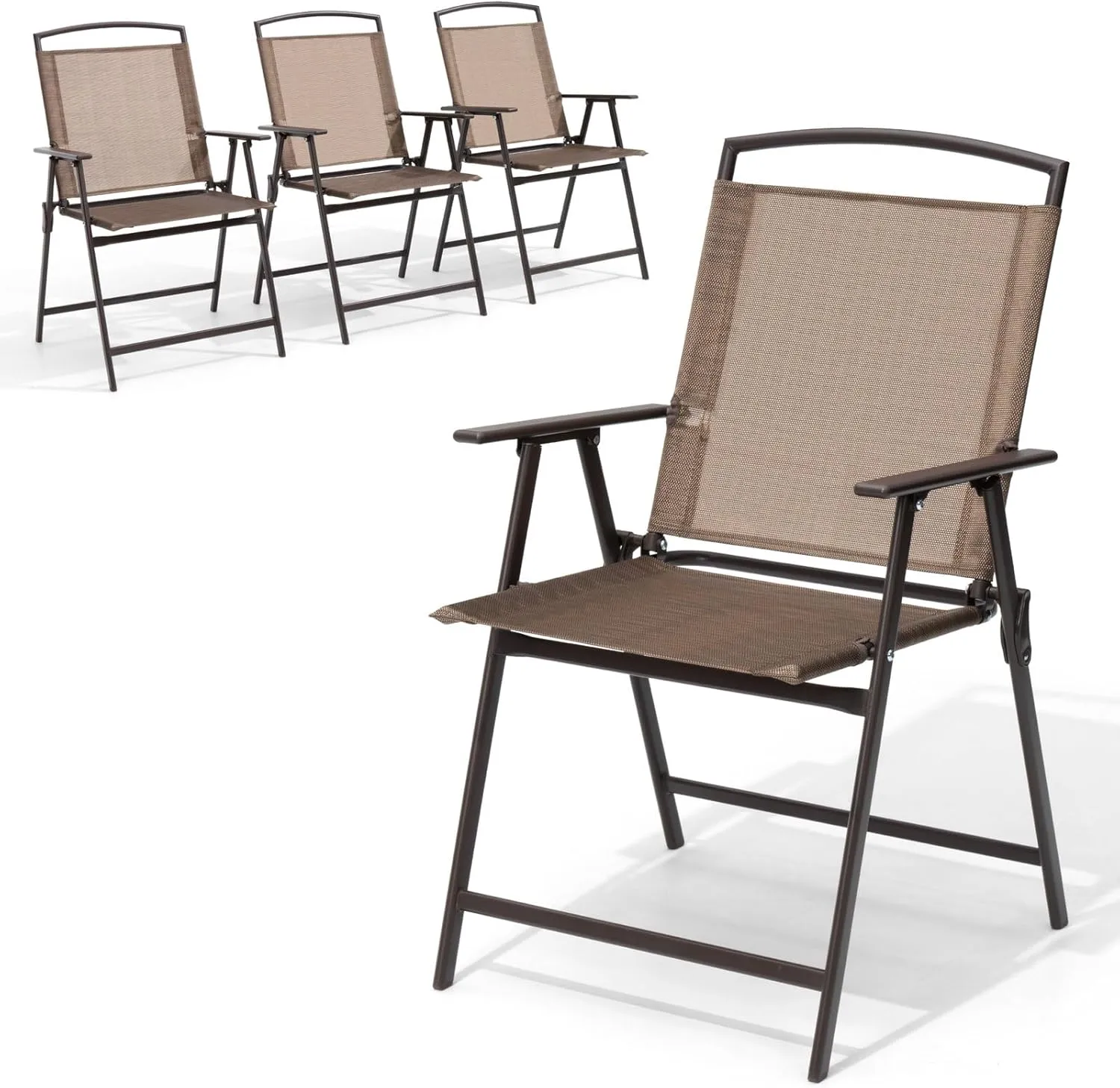 Crestlive Products Set of 4 Patio Folding Chairs 4-Pack Dining Chairs Outdoor Portable Sling with Armrest for Camping, Beach, Garden, Pool, Backyard, Deck (Brown)