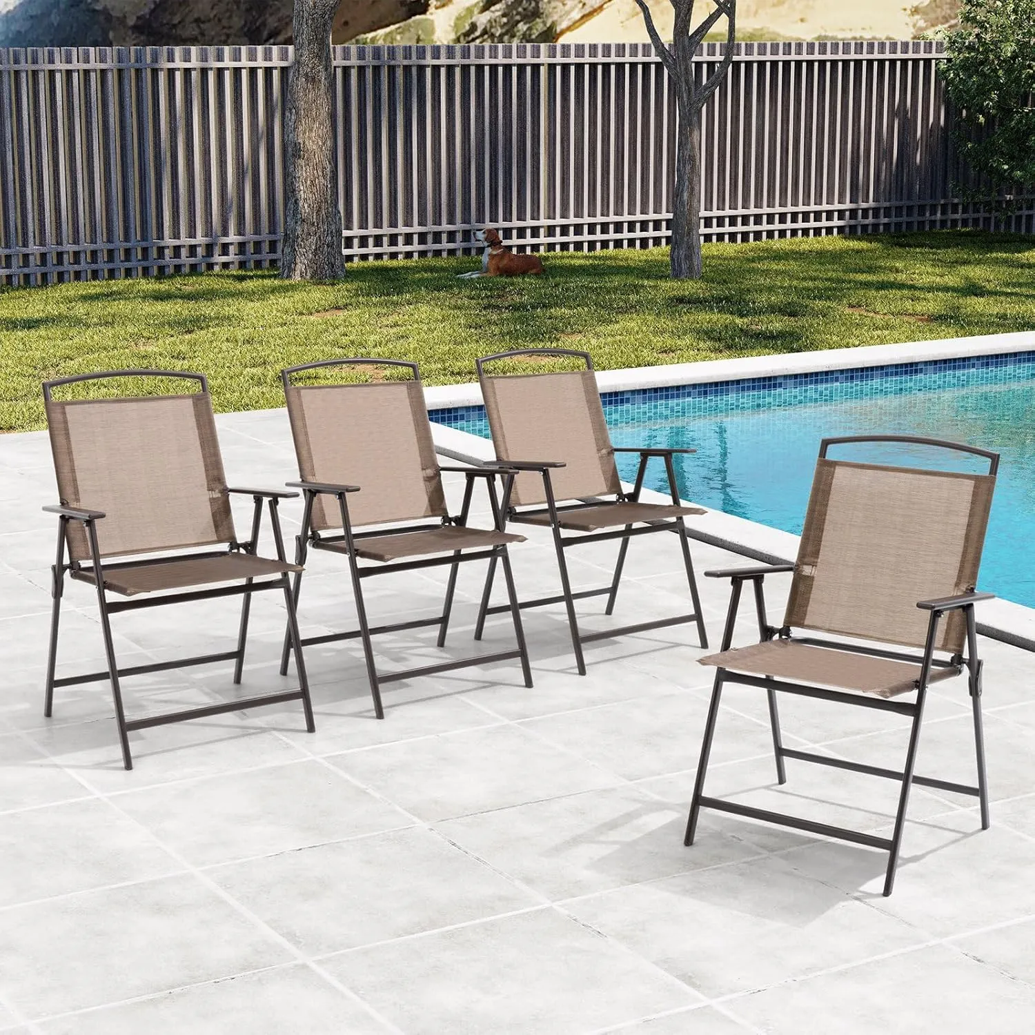 Crestlive Products Set of 4 Patio Folding Chairs 4-Pack Dining Chairs Outdoor Portable Sling with Armrest for Camping, Beach, Garden, Pool, Backyard, Deck (Brown)