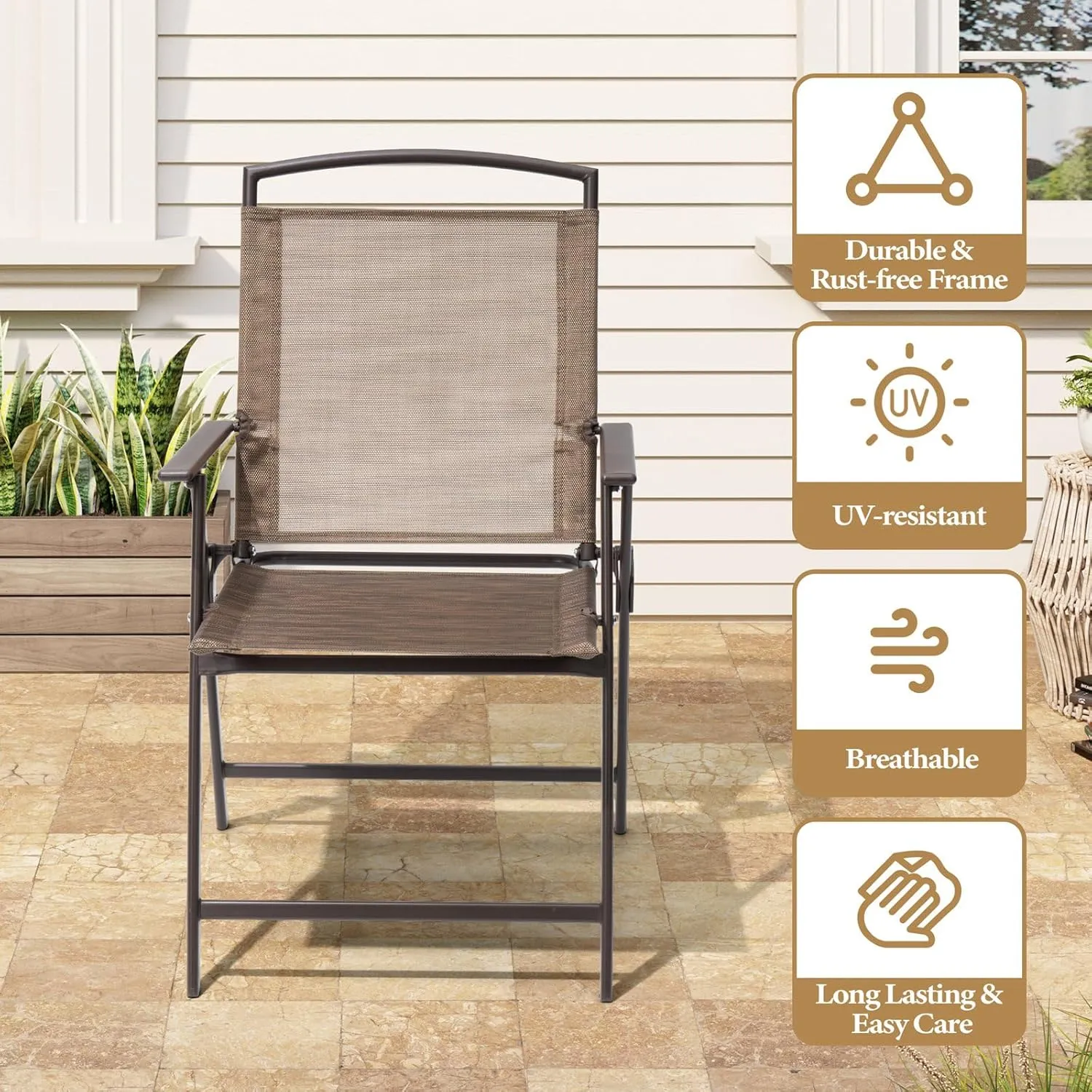 Crestlive Products Set of 4 Patio Folding Chairs 4-Pack Dining Chairs Outdoor Portable Sling with Armrest for Camping, Beach, Garden, Pool, Backyard, Deck (Brown)