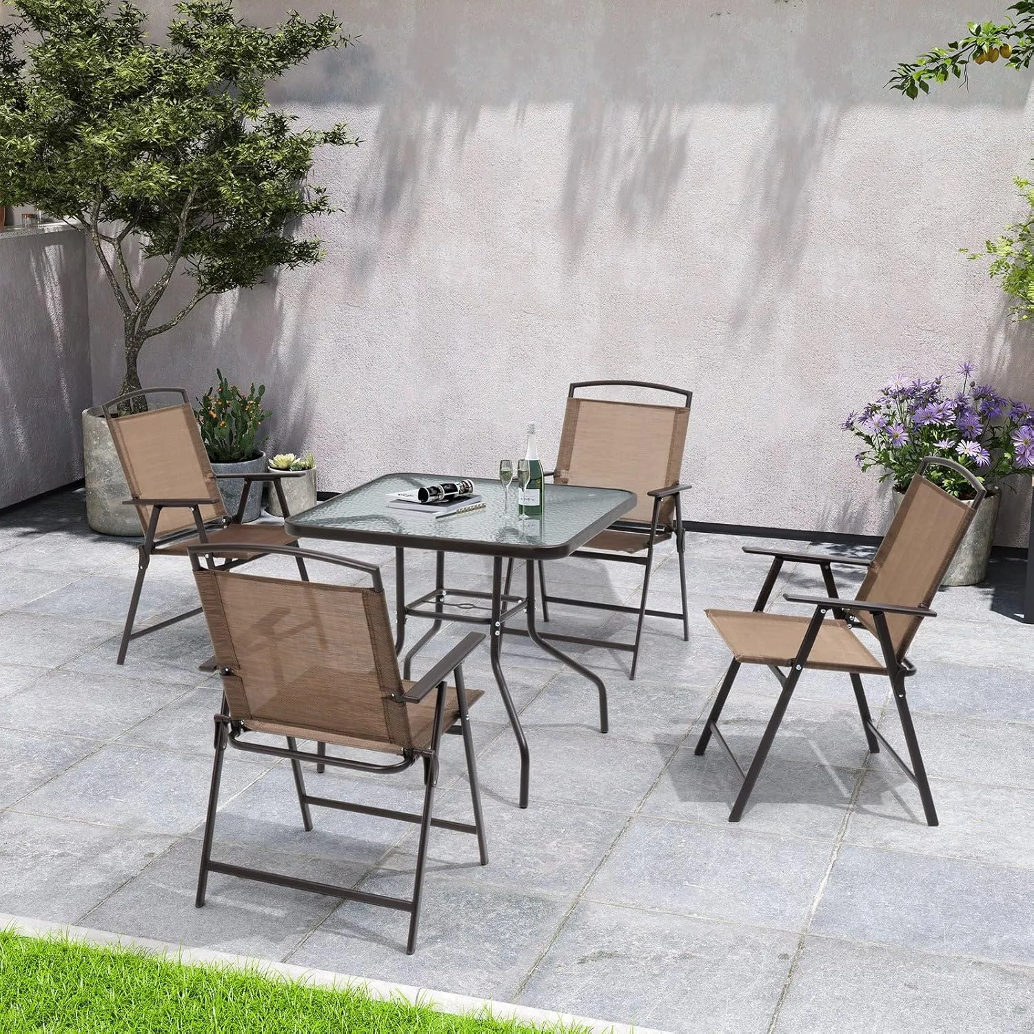 Crestlive Products Set of 4 Patio Folding Chairs 4-Pack Dining Chairs Outdoor Portable Sling with Armrest for Camping, Beach, Garden, Pool, Backyard, Deck (Brown)
