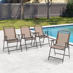 Crestlive Products Set of 4 Patio Folding Chairs 4-Pack Dining Chairs Outdoor Portable Sling with Armrest for Camping, Beach, Garden, Pool, Backyard, Deck (Brown)