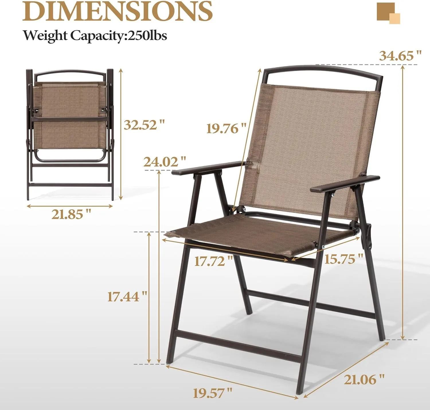 Crestlive Products Set of 4 Patio Folding Chairs 4-Pack Dining Chairs Outdoor Portable Sling with Armrest for Camping, Beach, Garden, Pool, Backyard, Deck (Brown)