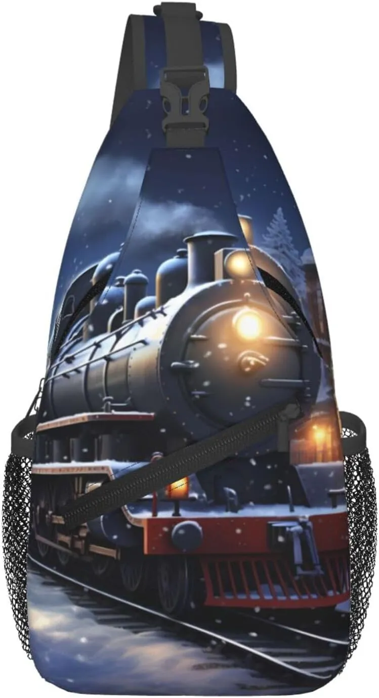 Cross Chest Bag Diagonally for Men and Women - Lightweight and Durable with High Storage Capacity Winter Christmas Snow Night Railway Train Printing, Black, One Size