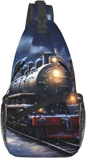 Cross Chest Bag Diagonally for Men and Women - Lightweight and Durable with High Storage Capacity Winter Christmas Snow Night Railway Train Printing, Black, One Size