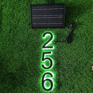 Custom Modern House Number Light Solar-Powered Stainess Steel Backlit Address Sign for Outdoor Post Yard House Metal Lighted Number Plaque Easy Install LED Sign (Custom White/Warm White, 3 numbers)