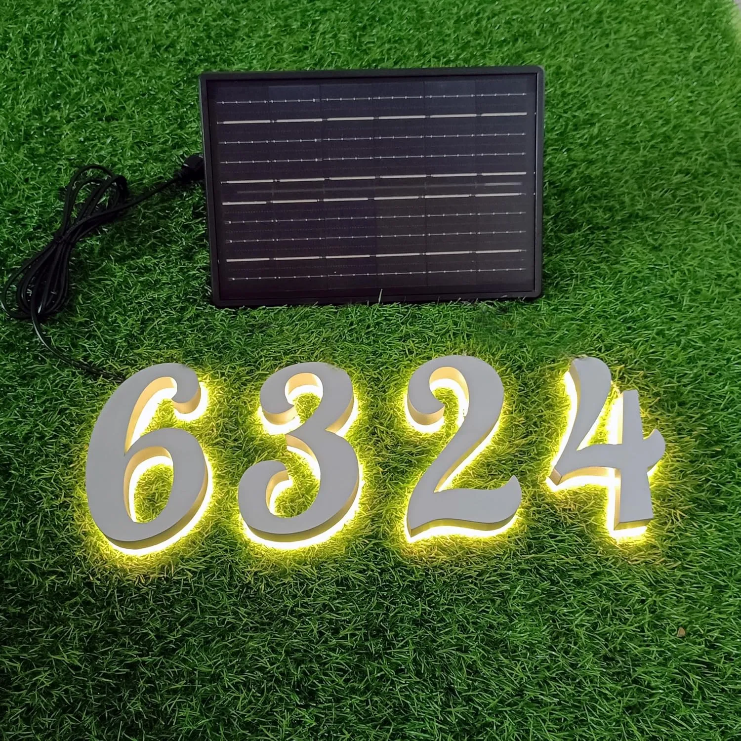 Custom Modern House Number Light Solar-Powered Stainess Steel Backlit Address Sign for Outdoor Post Yard House Metal Lighted Number Plaque Easy Install LED Sign (Custom White/Warm White, 3 numbers)
