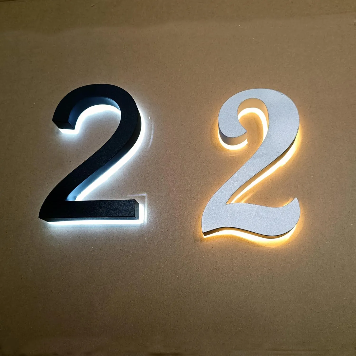 Custom Modern House Number Light Solar-Powered Stainess Steel Backlit Address Sign for Outdoor Post Yard House Metal Lighted Number Plaque Easy Install LED Sign (Custom White/Warm White, 3 numbers)