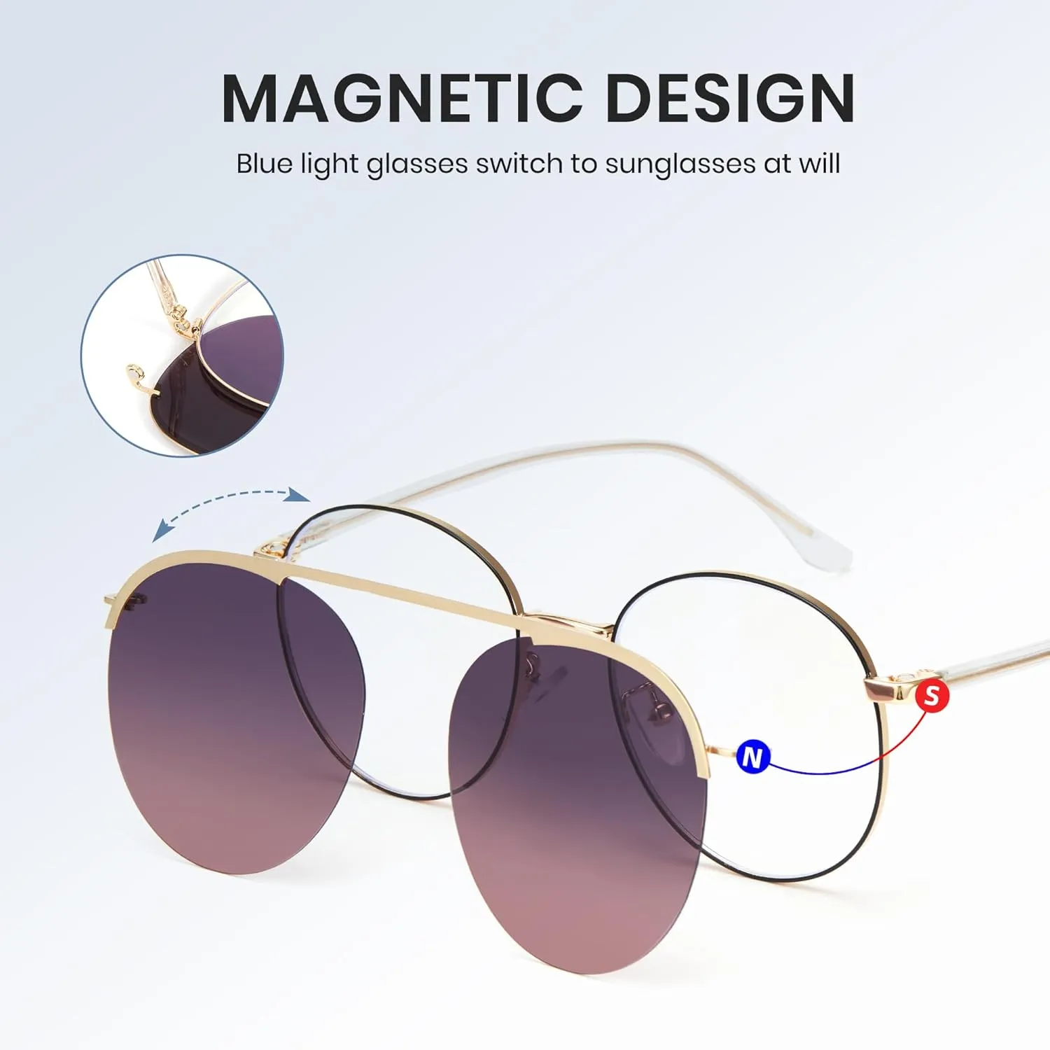 Cyxus Magnetic Clip-On Sunglasses for Men Women Blue Light Blocking UV400 Protectiong Night Driving