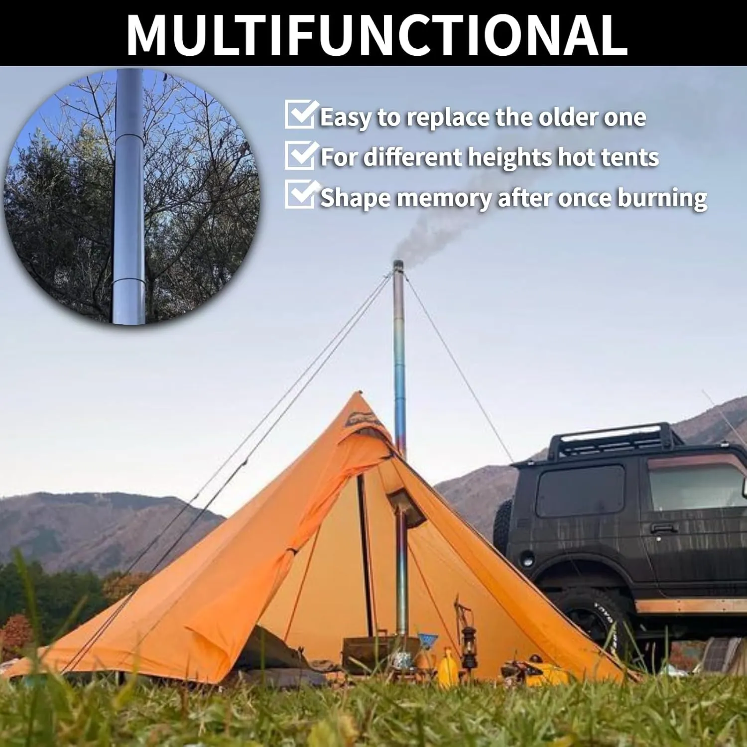 DANCHEL OUTDOOR Roll up Titanium Stove Pipe Ultralight,Camping Wood Stove Chimney Pipe with Rings, Hot Tent Accessories Replacement Flue 2.36’’ Dia. 11'' Wide, 6.5ft/2M Length