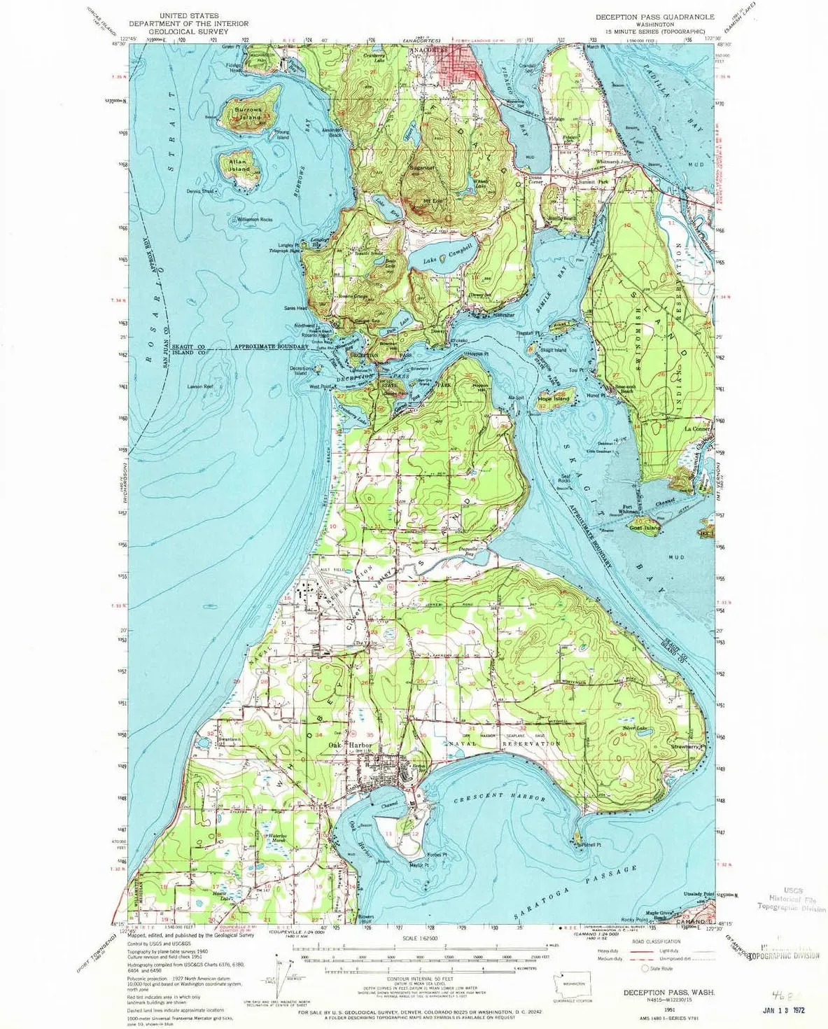 Deception Pass WA topo map, 1:62500 Scale, 15 X 15 Minute, Historical, 1951, Updated 1972, 20.9 x 17.1 in