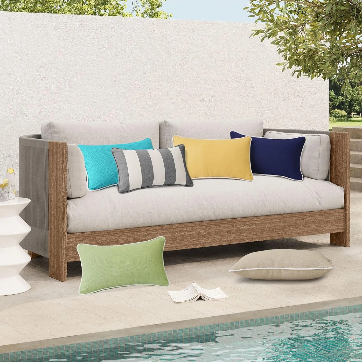 Decorative Outdoor Waterproof Throw Pillows with Inserts, Set of 4, 20" x12" Pillows for Patio, Backyard, Bed, Couch, and Patio Furniture, Gray Stripe