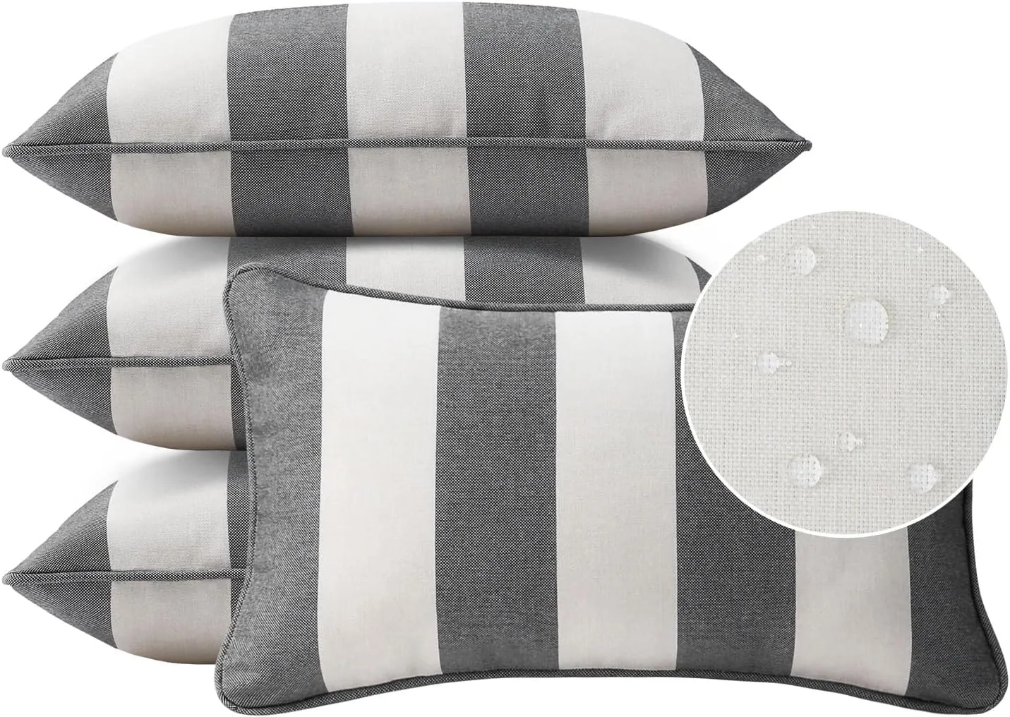 Decorative Outdoor Waterproof Throw Pillows with Inserts, Set of 4, 20" x12" Pillows for Patio, Backyard, Bed, Couch, and Patio Furniture, Gray Stripe