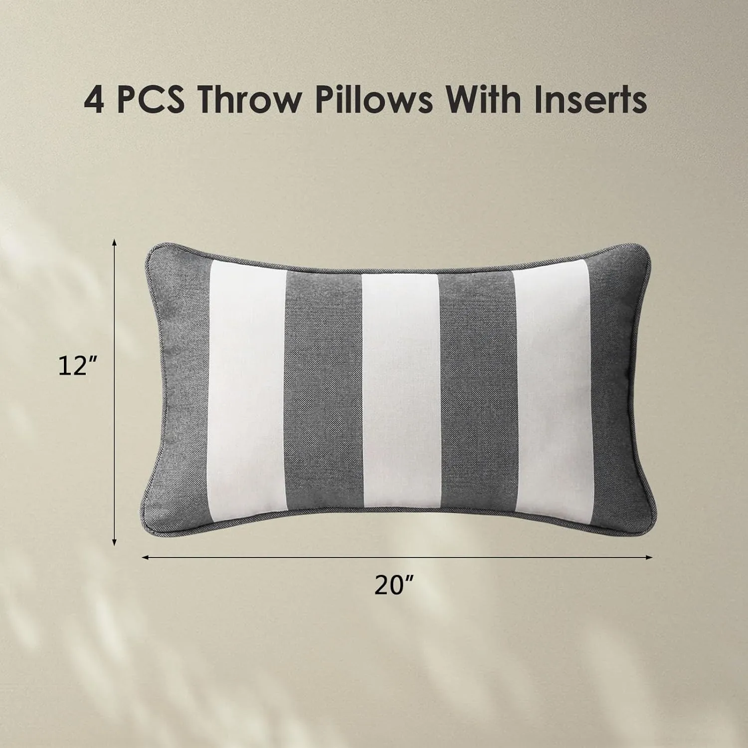Decorative Outdoor Waterproof Throw Pillows with Inserts, Set of 4, 20" x12" Pillows for Patio, Backyard, Bed, Couch, and Patio Furniture, Gray Stripe
