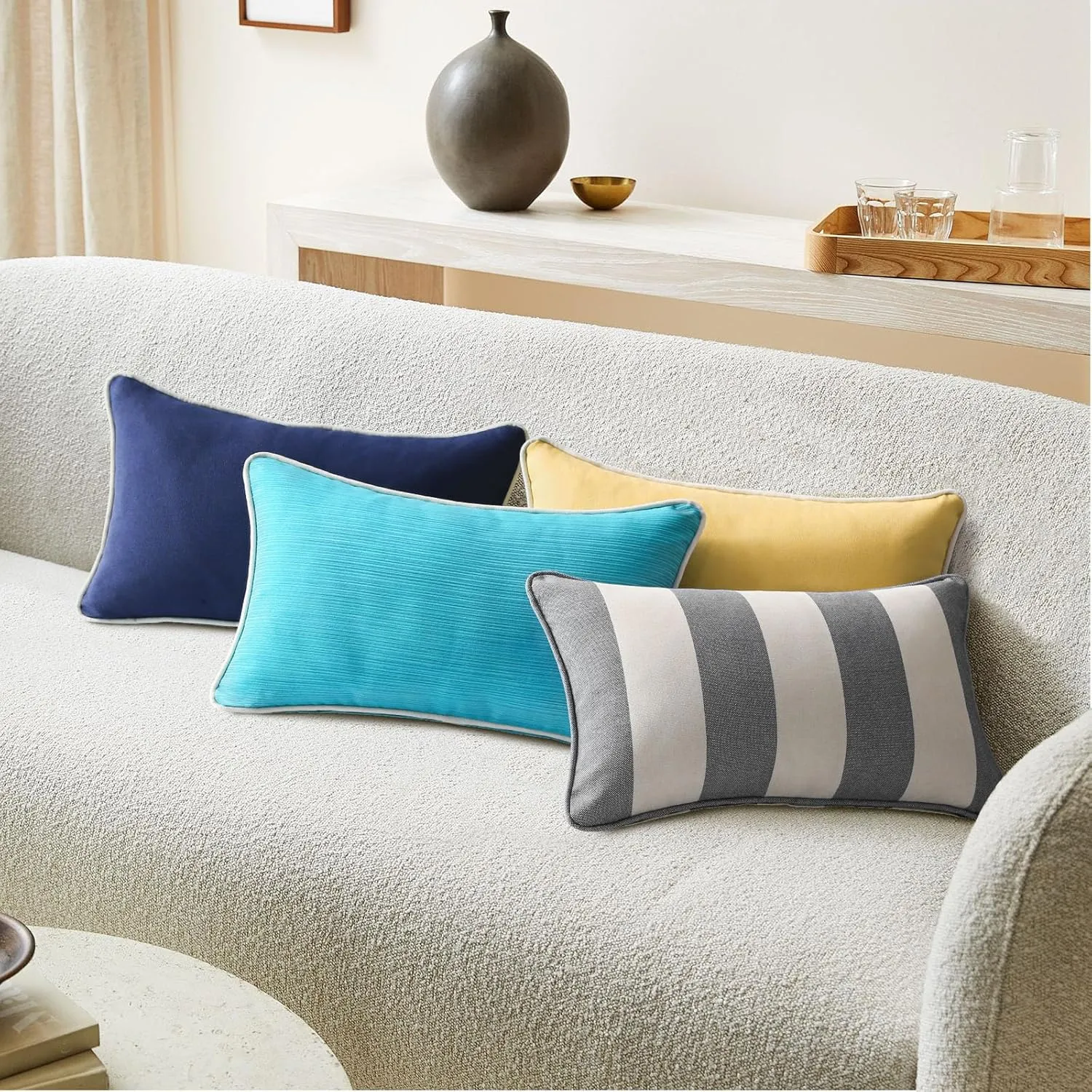 Decorative Outdoor Waterproof Throw Pillows with Inserts, Set of 4, 20" x12" Pillows for Patio, Backyard, Bed, Couch, and Patio Furniture, Gray Stripe