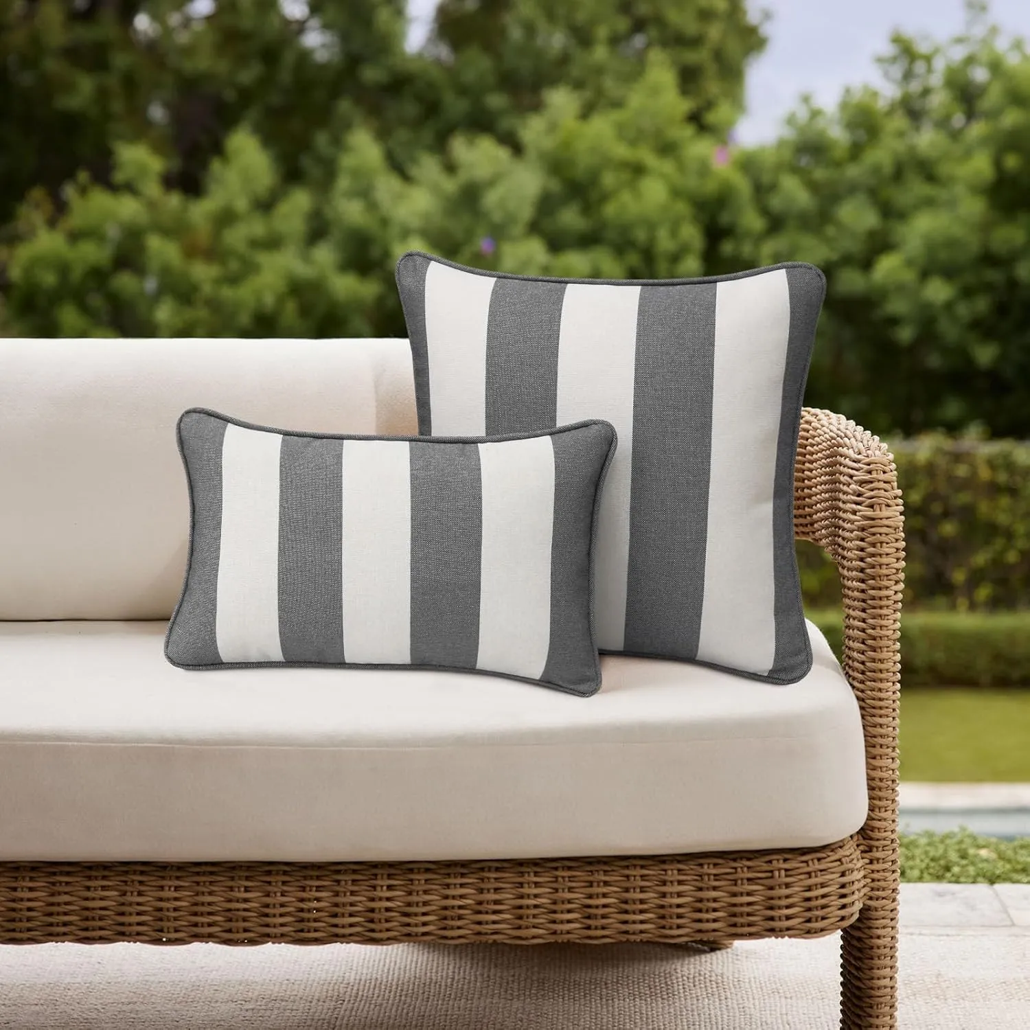 Decorative Outdoor Waterproof Throw Pillows with Inserts, Set of 4, 20" x12" Pillows for Patio, Backyard, Bed, Couch, and Patio Furniture, Gray Stripe