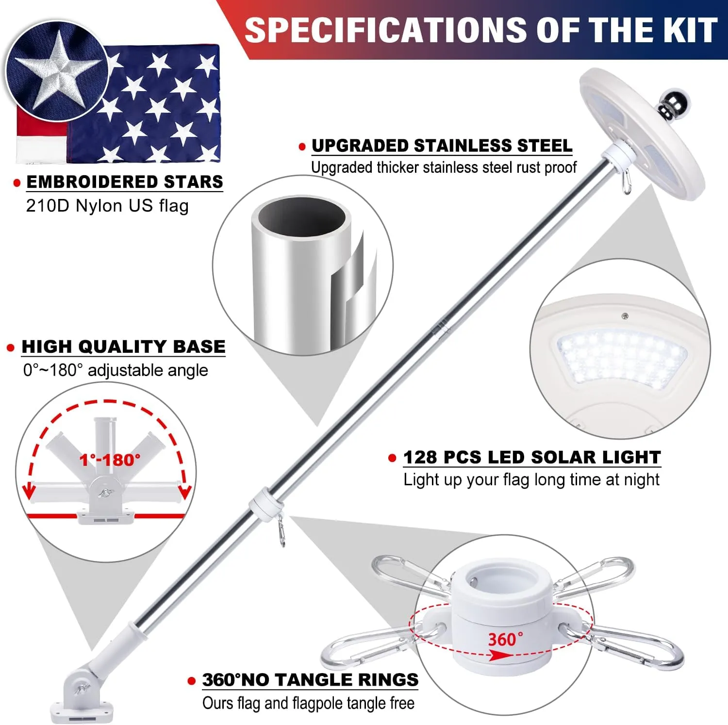 Delux American Flag with Pole and Solar Light Kit, 6 FT No Tangle Metal Pole with Holder, 128 LED Solar Powered Light, Embroidered Flag 3x5 FT, Set for 10 Hours Use for Night House Outdoor(Silver)