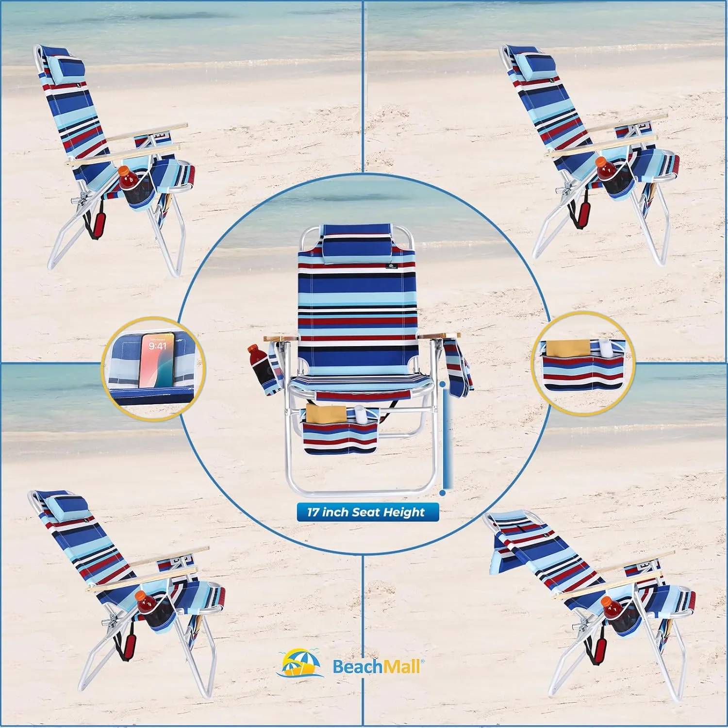 Deluxe XL Tall 17 Inches High Seat Beach Chair for Adults Heavy Duty, Aluminum Frame, Wide Plus Size, 300 lb Capacity