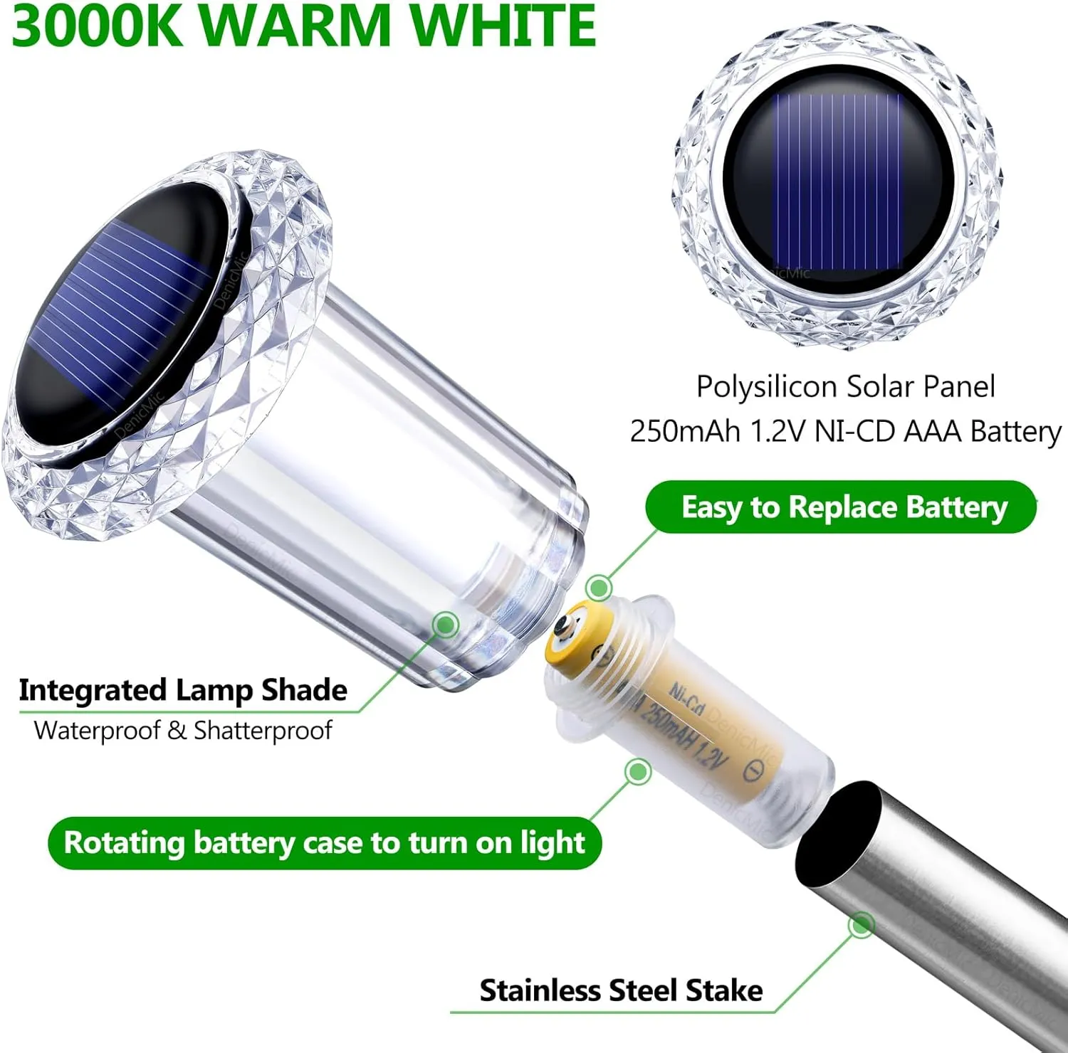 DenicMic Solar Lights Outdoor Pathway Lights 3000K LED Waterproof Acrylic Lamp Head Stainless Steel Stake for Yard Garden Landscape Path Walkway Driveway Patio Lawn (Warm White 10Pack)