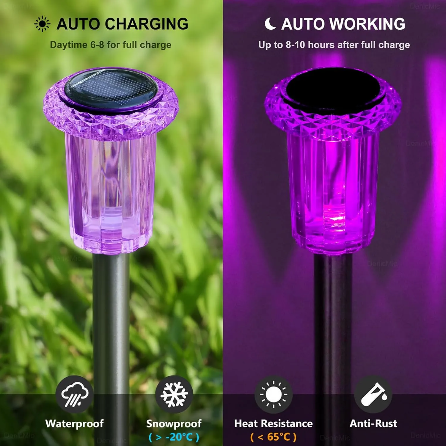 DenicMic Solar Lights Outdoor Pathway Lights LED Waterproof Acrylic Lamp Head Stainless Steel Stake for Yard Garden Landscape Path Walkway Driveway Patio Lawn (Purple 10Pack)