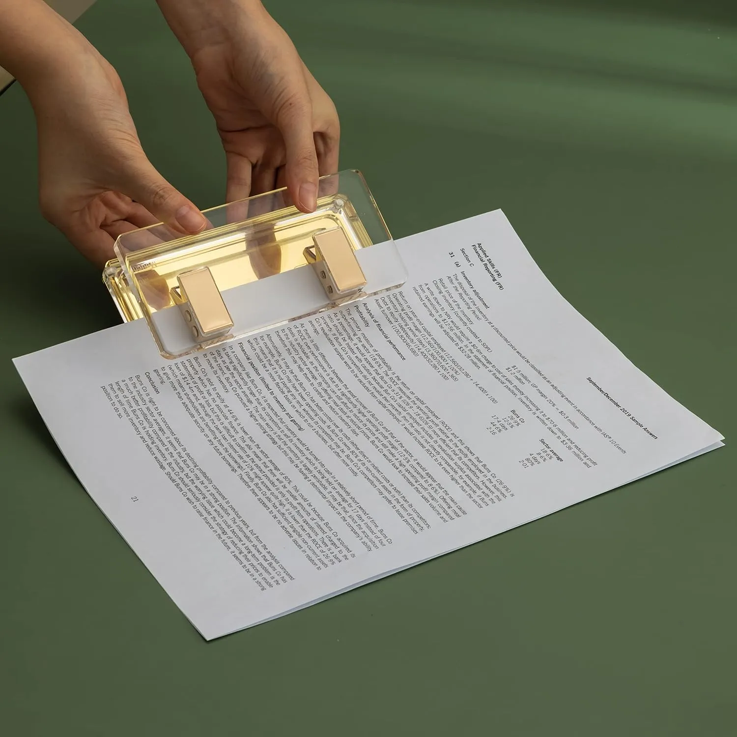 Desktop Paper Punch with Non-Slip Fabric Base Gold Mirror, Acrylic Two Holes Puncher, 10-Sheet Capacity for Use in Scrapbooking, Offices, Schools, and Studios