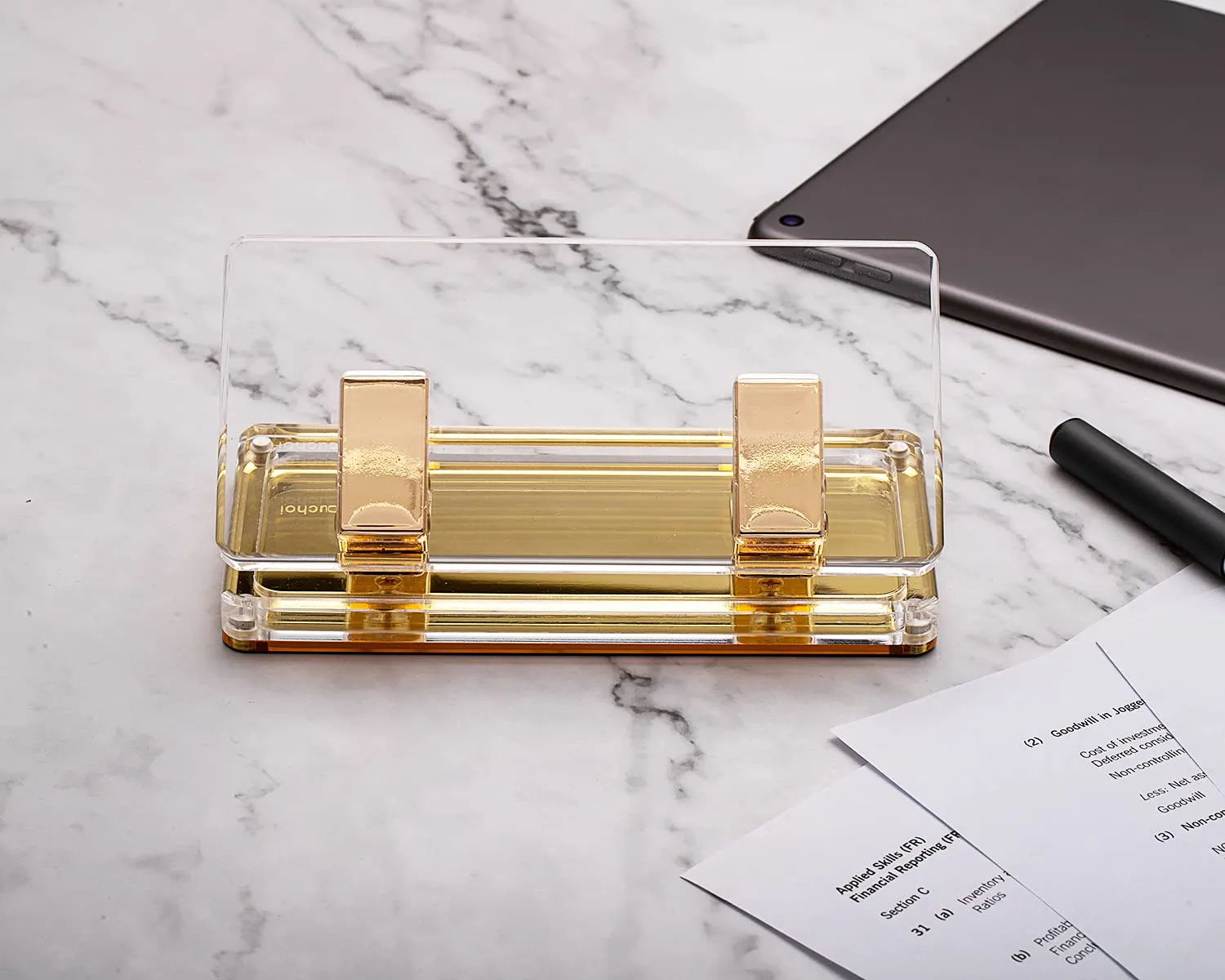 Desktop Paper Punch with Non-Slip Fabric Base Gold Mirror, Acrylic Two Holes Puncher, 10-Sheet Capacity for Use in Scrapbooking, Offices, Schools, and Studios