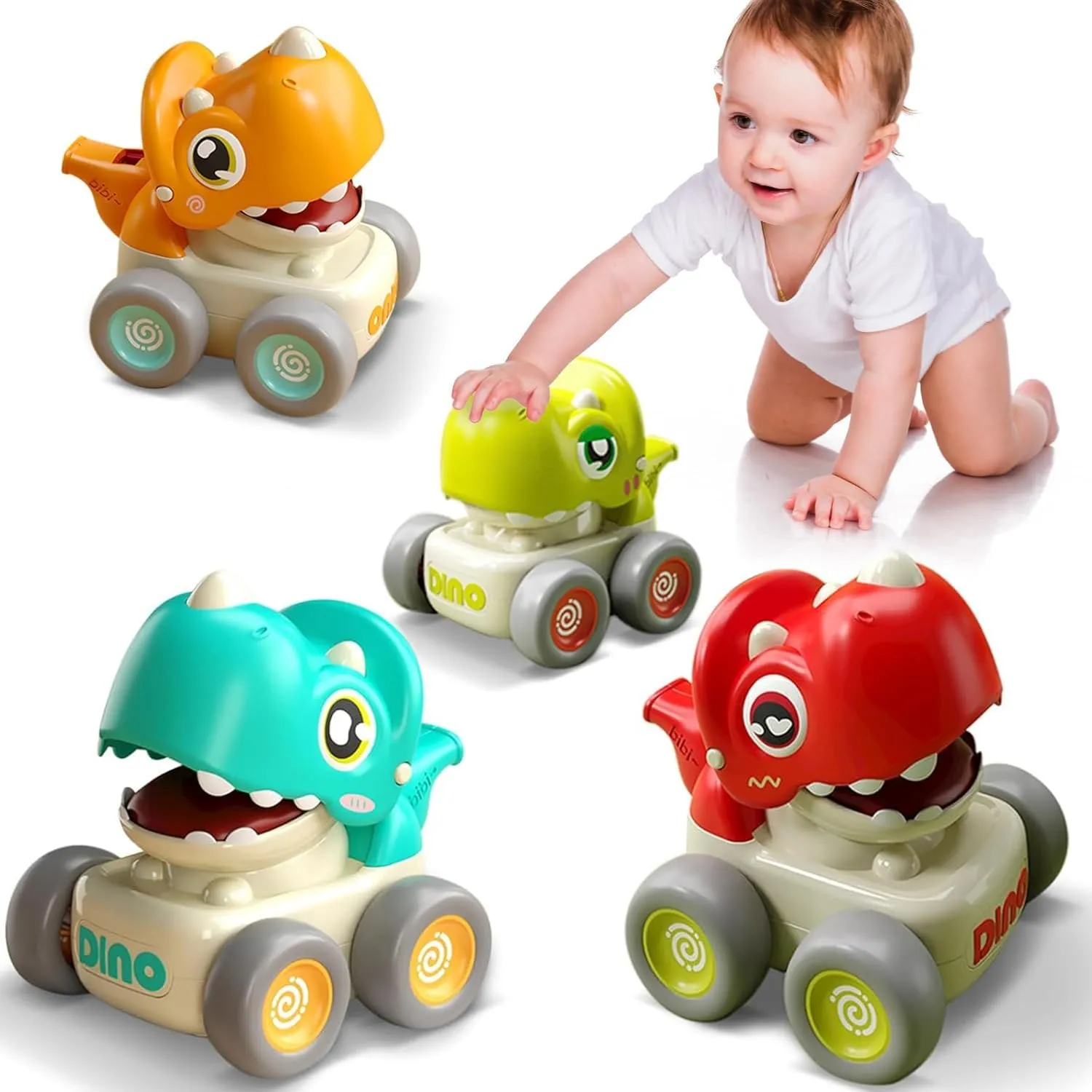 Dinosaur Racing Cars for Toddlers 1-3, Baby Press and Go Car Toys, Infant Play Vehicle Set with Whistle, Baby Push Go Friction Car Toys for 18M , 1st Birthday Gift for 1 2 Years Old Boys Girls