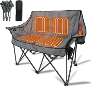 Double Heated Camping Chair, Fully Plush Padded Camping Chair Loveseat with Cup Holder, 2 Persons Lawn Chair Camping Couch for Outdoor/Patio, Supports up to 600lbs, Gray, No Power Bank