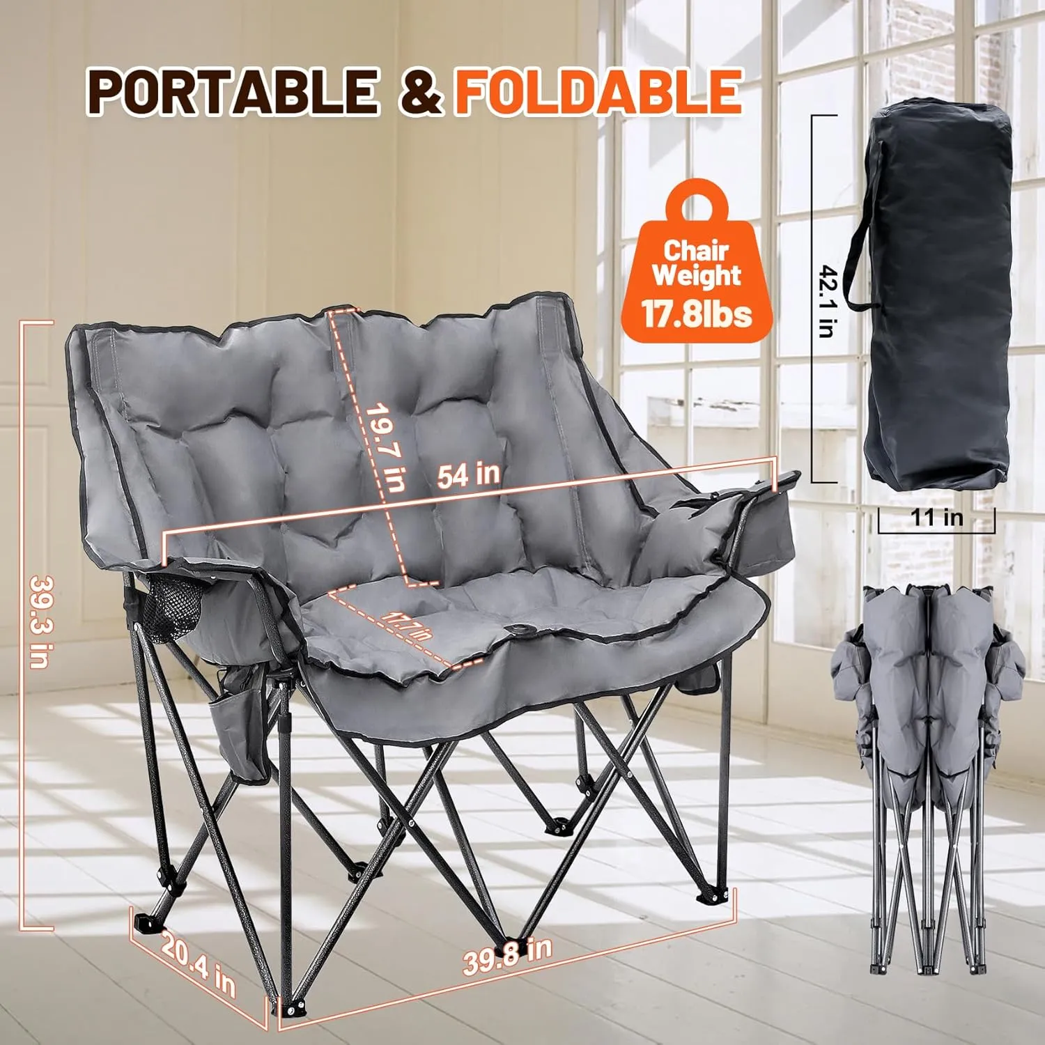 Double Heated Camping Chair, Fully Plush Padded Camping Chair Loveseat with Cup Holder, 2 Persons Lawn Chair Camping Couch for Outdoor/Patio, Supports up to 600lbs, Gray, No Power Bank