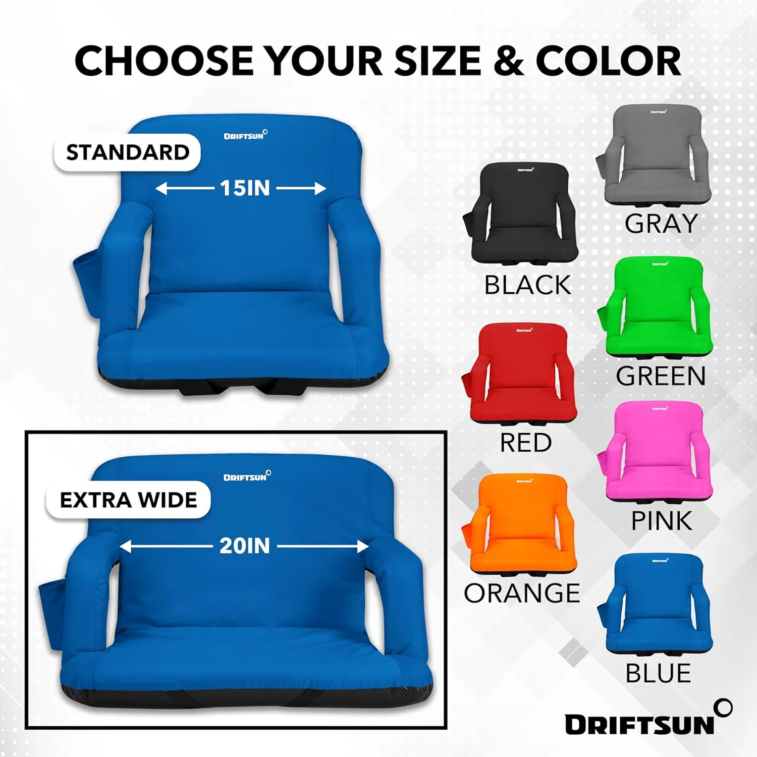 Driftsun Extra Wide Stadium Seats with Back Support - Deluxe Foldable Stadium Chairs for Bleachers - Folding Waterproof Sport Chair - Easy to Transport