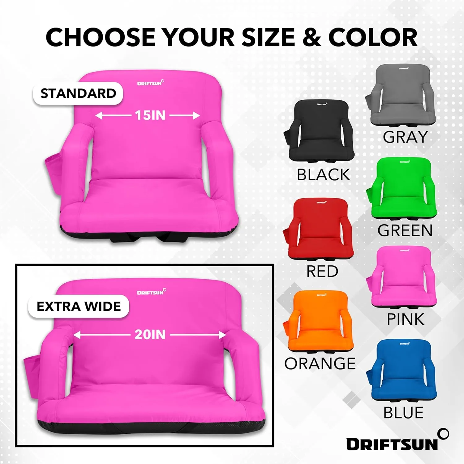 Driftsun Extra Wide Stadium Seats with Back Support - Deluxe Foldable Stadium Chairs for Bleachers - Folding Waterproof Sport Chair - Easy to Transport