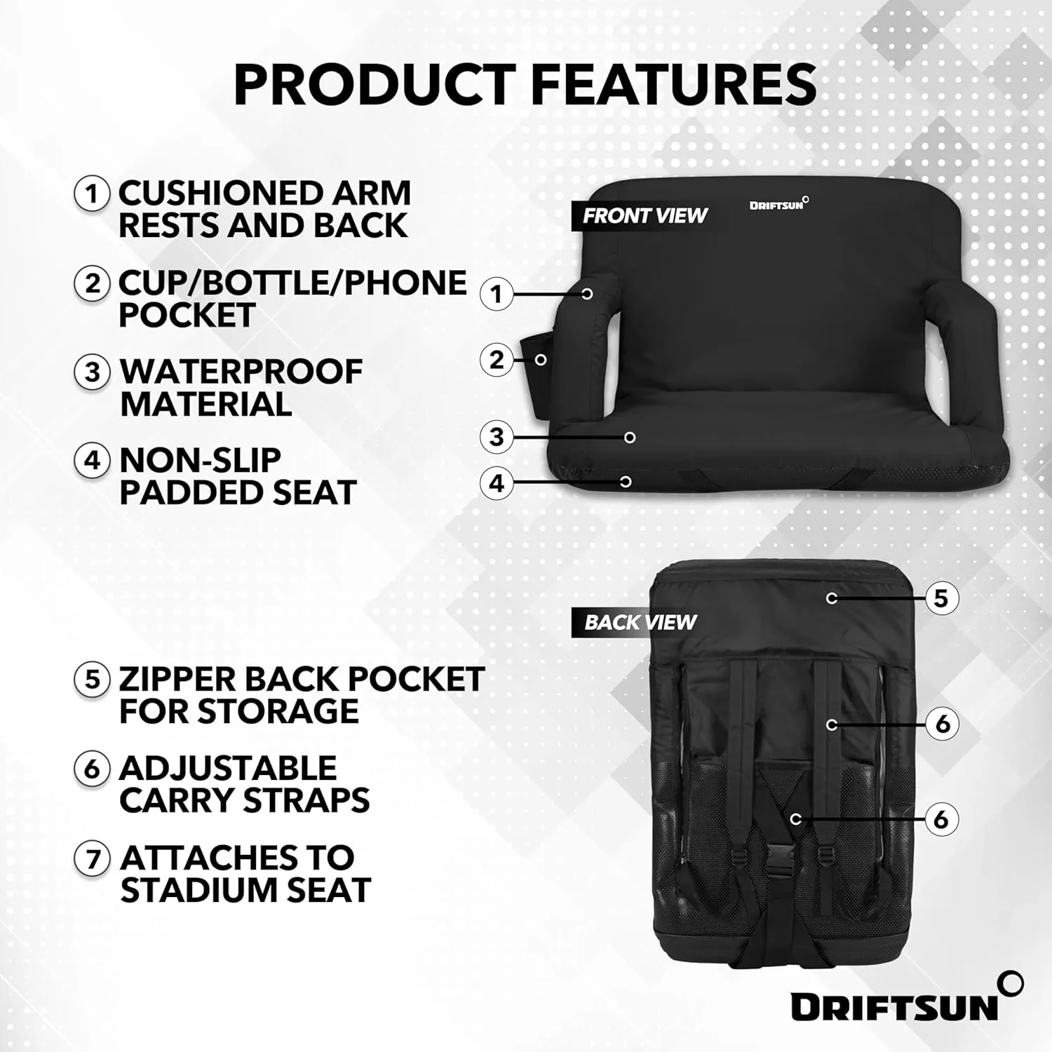 Driftsun Extra Wide Stadium Seats with Back Support - Deluxe Foldable Stadium Chairs for Bleachers - Folding Waterproof Sport Chair - Easy to Transport