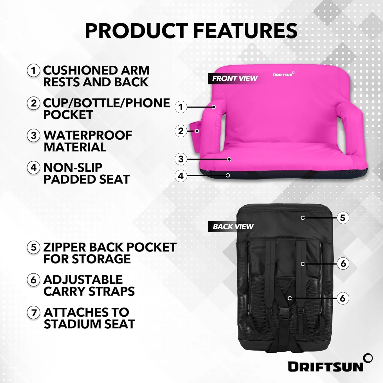 Driftsun Extra Wide Stadium Seats with Back Support - Deluxe Foldable Stadium Chairs for Bleachers - Folding Waterproof Sport Chair - Easy to Transport