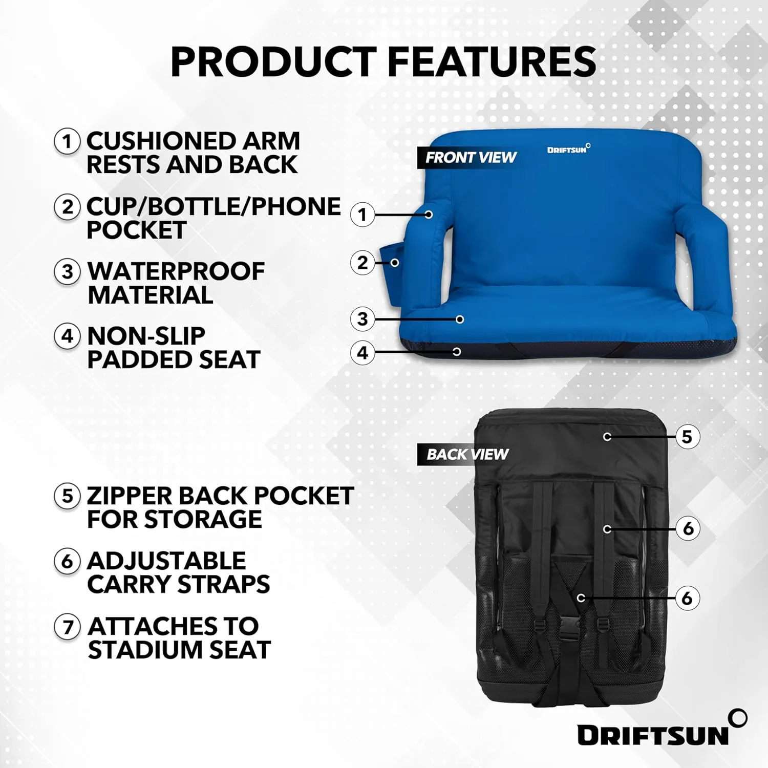Driftsun Extra Wide Stadium Seats with Back Support - Deluxe Foldable Stadium Chairs for Bleachers - Folding Waterproof Sport Chair - Easy to Transport