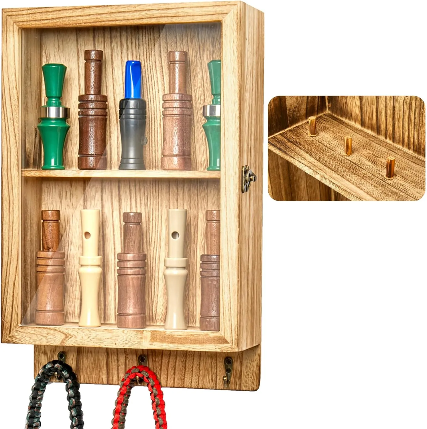 Duck Call and Lanyard Display Rack Holder, Wall Mount Wood Storage Case for 10 Calls and 3 Lanyards, Visible Whistle Stand Box for Home Hunting Decor
