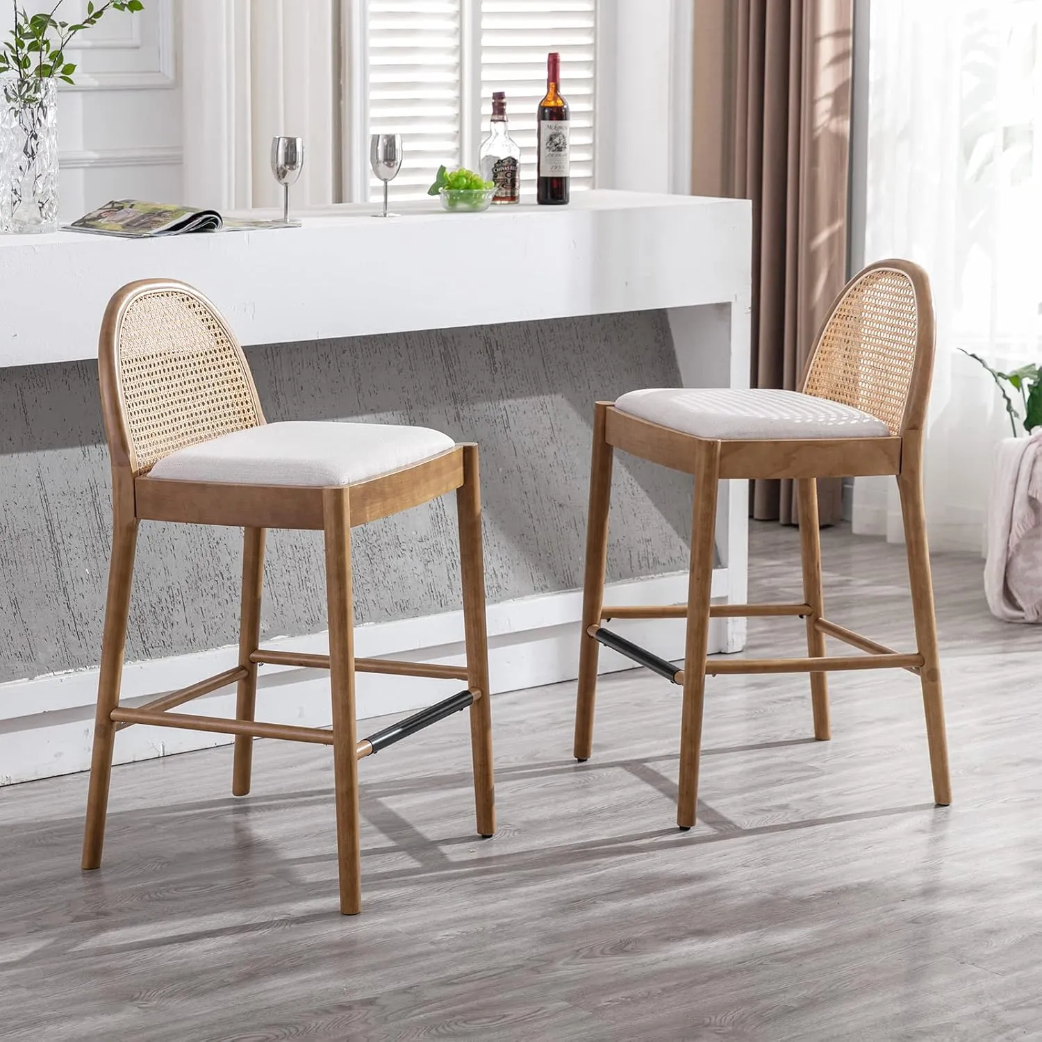 DUOMAY Modern Bar Stools Set of 2, 29 Inches Bar Height Barstools with Rattan Back, Linen Upholstered Kitchen Island Chair with Wood Legs for Home Bar Coffee Shop, Beige