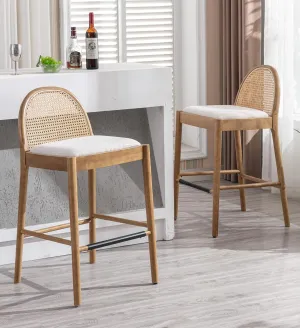 DUOMAY Modern Bar Stools Set of 2, 29 Inches Bar Height Barstools with Rattan Back, Linen Upholstered Kitchen Island Chair with Wood Legs for Home Bar Coffee Shop, Beige
