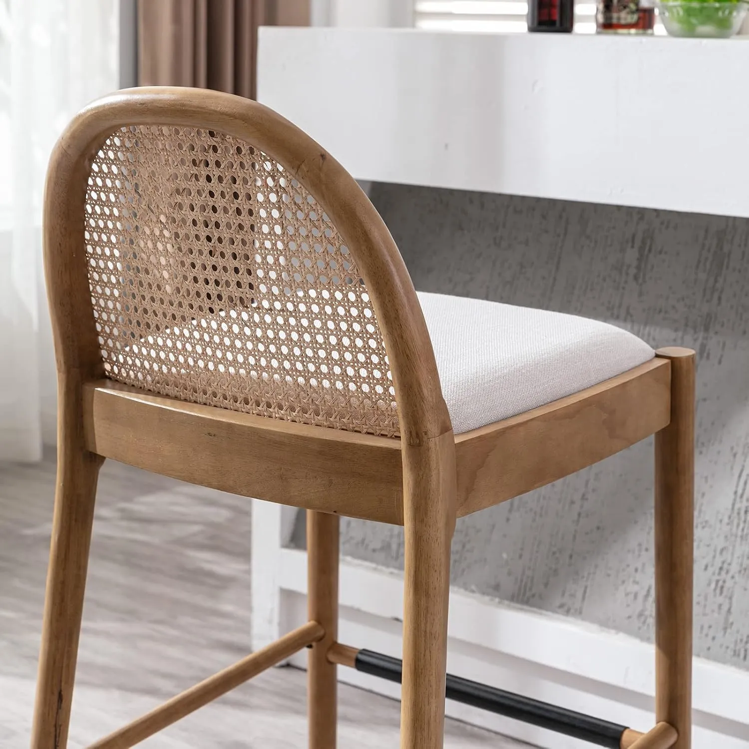 DUOMAY Modern Bar Stools Set of 2, 29 Inches Bar Height Barstools with Rattan Back, Linen Upholstered Kitchen Island Chair with Wood Legs for Home Bar Coffee Shop, Beige