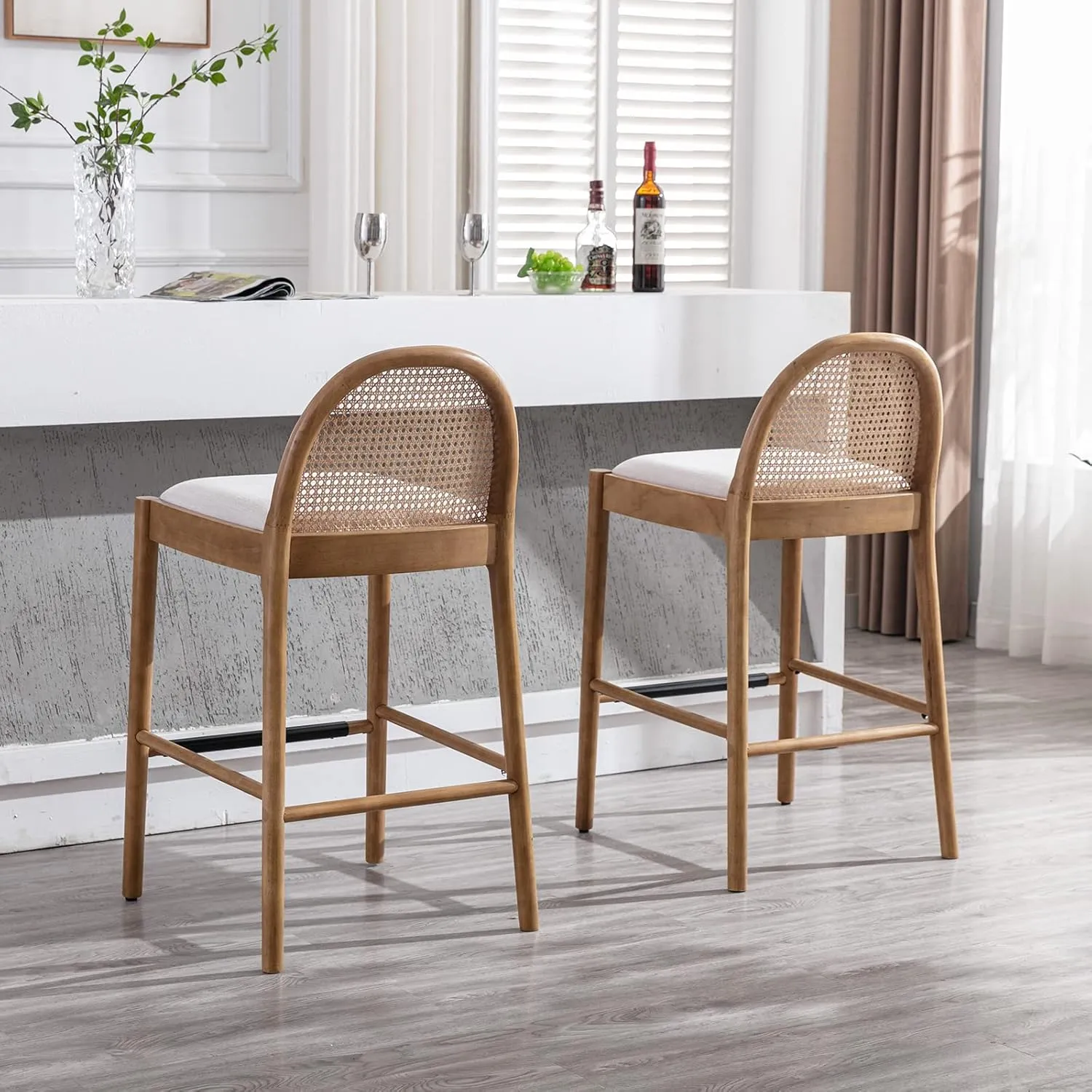 DUOMAY Modern Bar Stools Set of 2, 29 Inches Bar Height Barstools with Rattan Back, Linen Upholstered Kitchen Island Chair with Wood Legs for Home Bar Coffee Shop, Beige