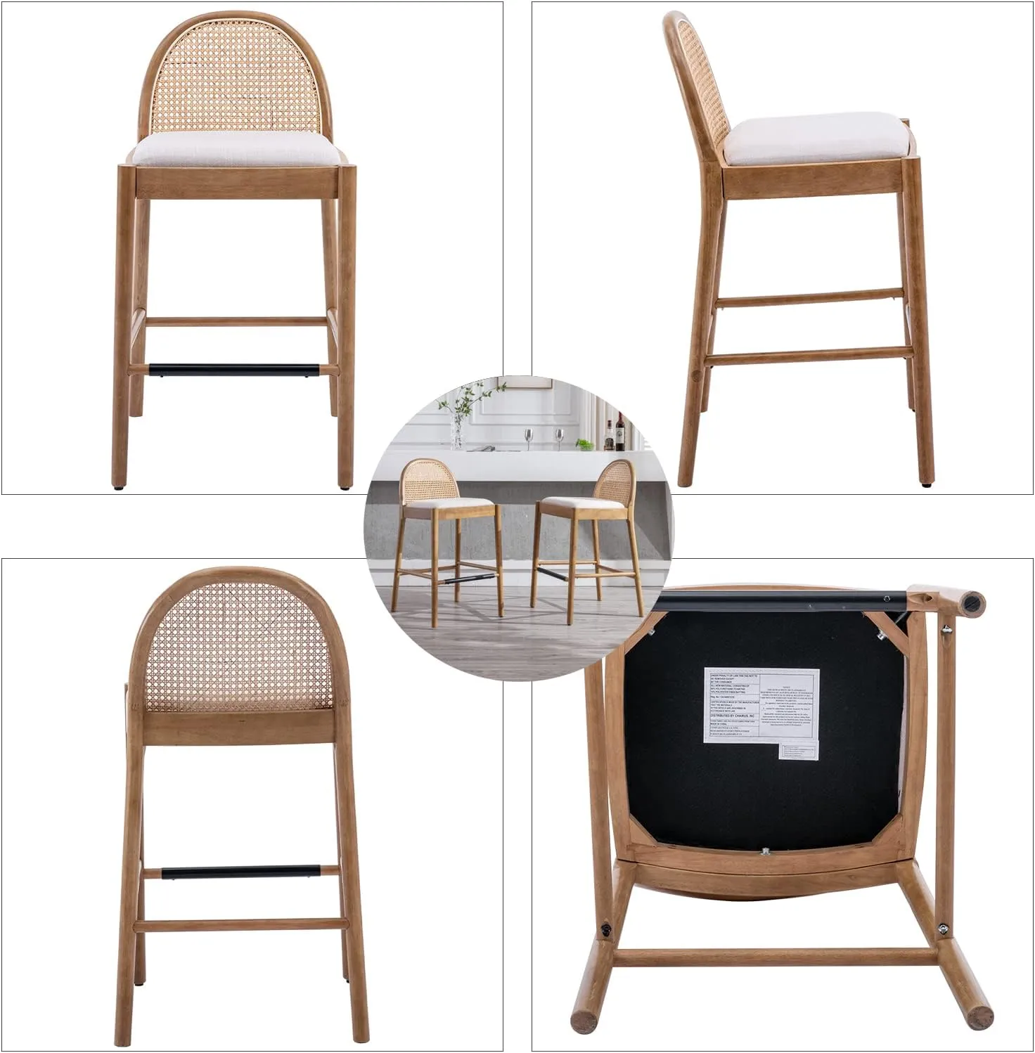 DUOMAY Modern Bar Stools Set of 2, 29 Inches Bar Height Barstools with Rattan Back, Linen Upholstered Kitchen Island Chair with Wood Legs for Home Bar Coffee Shop, Beige