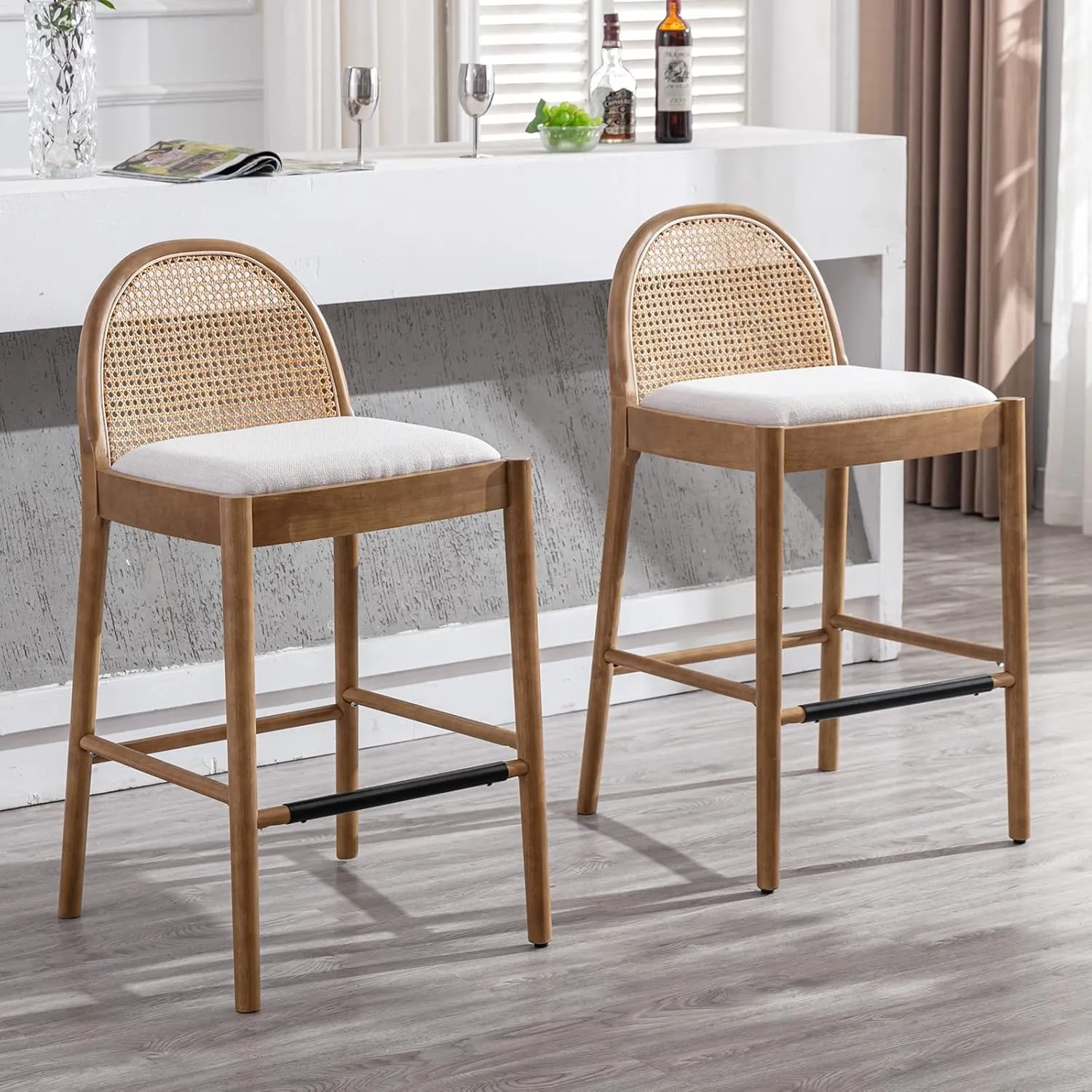 DUOMAY Modern Bar Stools Set of 2, 29 Inches Bar Height Barstools with Rattan Back, Linen Upholstered Kitchen Island Chair with Wood Legs for Home Bar Coffee Shop, Beige