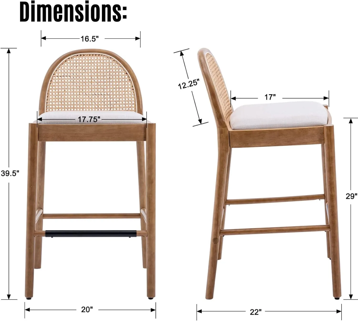 DUOMAY Modern Bar Stools Set of 2, 29 Inches Bar Height Barstools with Rattan Back, Linen Upholstered Kitchen Island Chair with Wood Legs for Home Bar Coffee Shop, Beige