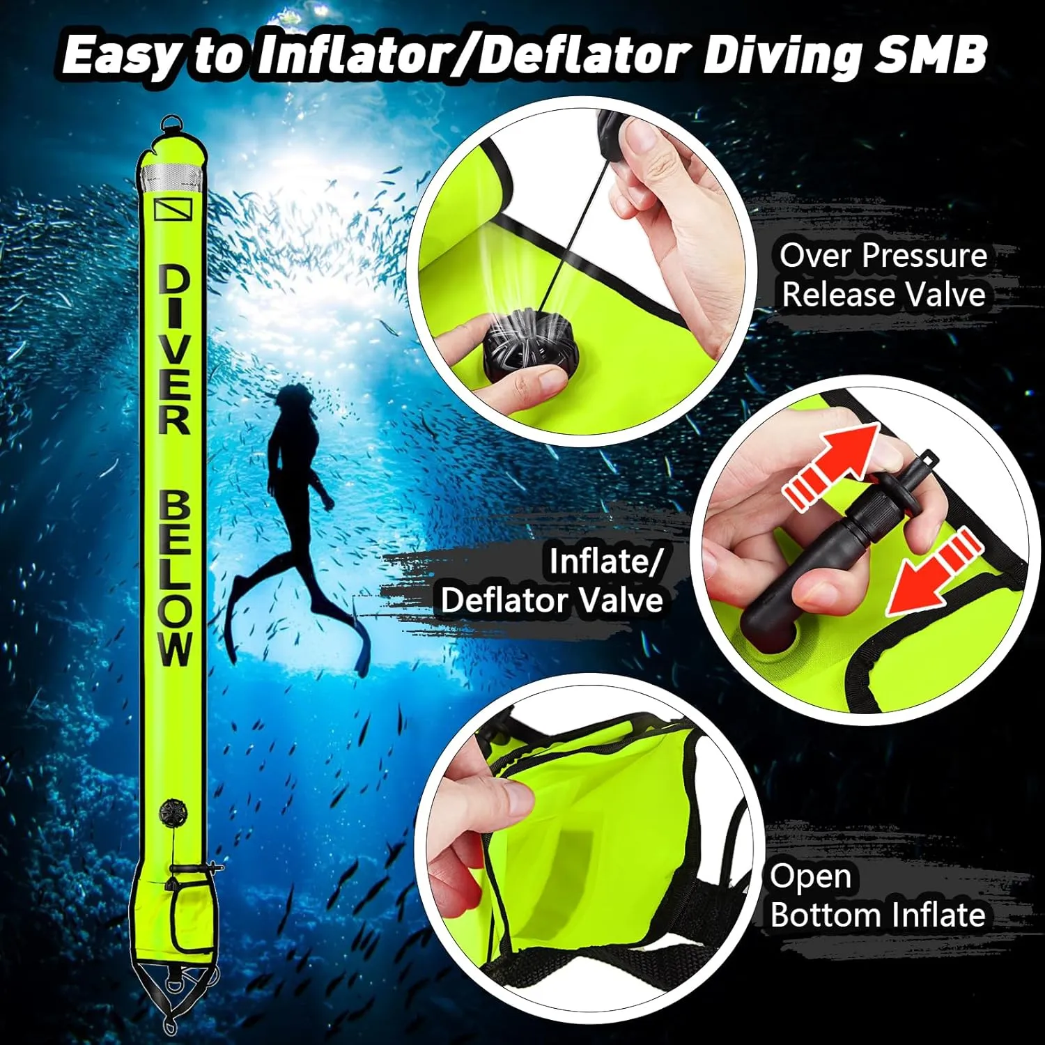 Dving Scuba SMB, Dive Reel and Clip Set, 5FT Diving Surface Marker Buoy (DSMB) with 100FT Reel/Lead Weight Extra Storage Bag, Scuba Signal Tube Inflatable Marker for Diver (Fluorescent Yellow)