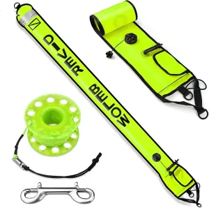 Dving Scuba SMB, Dive Reel and Clip Set, 5FT Diving Surface Marker Buoy (DSMB) with 100FT Reel/Lead Weight Extra Storage Bag, Scuba Signal Tube Inflatable Marker for Diver (Fluorescent Yellow)