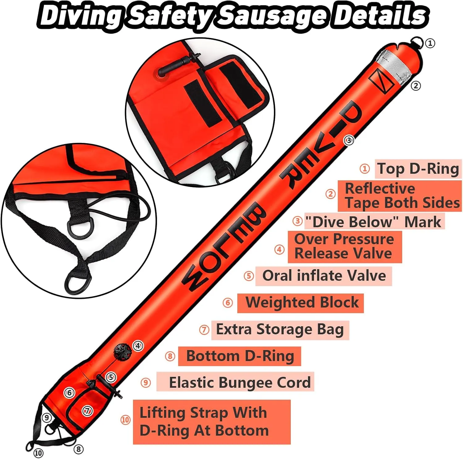 Dving Scuba SMB, Dive Reel and Clip Set, 5FT Diving Surface Marker Buoy (DSMB) with 100FT Reel/Lead Weight Extra Storage Bag, Scuba Signal Tube Inflatable Marker for Diver Underwater Sports (Orange)