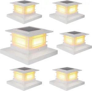 Dynaming 6 Pack Solar Post Cap Lights Outdoor, White Shell Fence Post Solar Lights Fit for 4x4 5x5 6x6 Vinyl/Wooden Posts, High Brightness Warm White SMD LED Lighting Decor for Garden Deck Patio